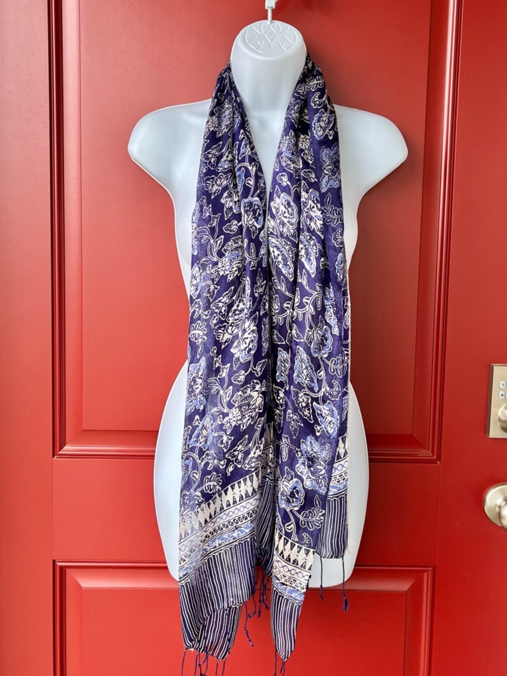Blue Silk Scarf with Fringe